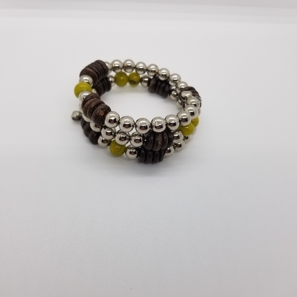 beaded coil wrap bracelet silver brown yellow-green - Picture 5 of 7